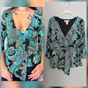 Vintage Babydoll Top Women's XL Colorful Blue Brown Paisley Y2K Asymmetrical
